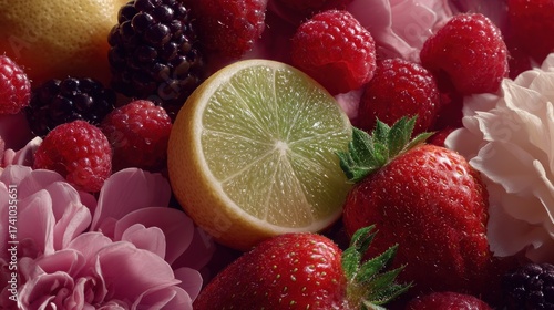 Floral arrangement featuring fresh berries and citrus fruits in vibrant colors