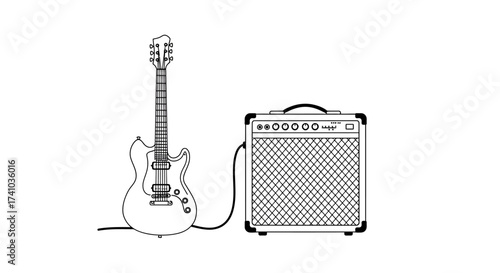Electric Guitar and Amplifier Outline Illustration Musical Equipment.