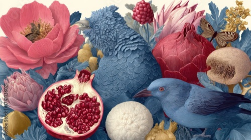 Floral and Avian Still Life with Fruits and Blooms: An Artistic Rendering