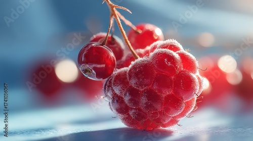 Elegant closeup of vibrant raspberry and cranberries coated with sugary frost