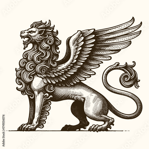 Mythical Griffin Creature Heraldic Vintage Engraving Vector Illustration