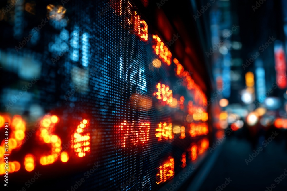 Obraz premium Nighttime view of a digital stock market display in a bustling city