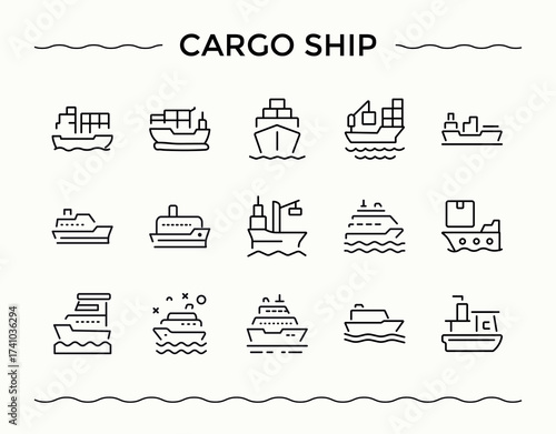 Cargo Ship icon set. Minimalist linear icons. Contains outline symbols like automobile, transport, vehicle, car, logistic. Pixel perfect. Editable vector. Shipping icon set.