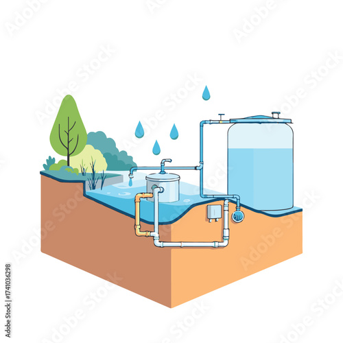 Vector of Modern Building with Advanced Rainwater Harvesting System