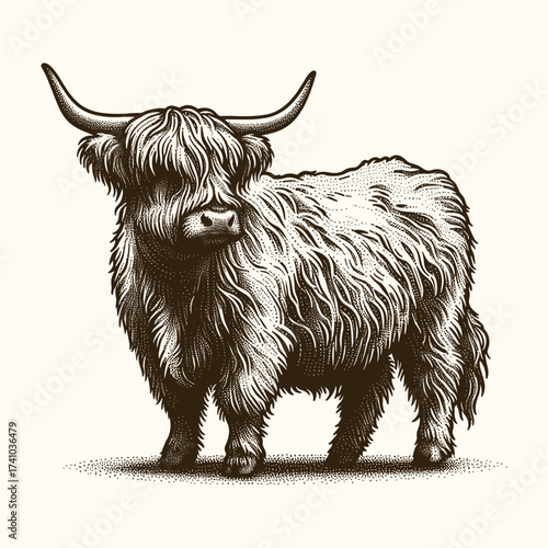 Highland Cow Farm Animal Vintage Engraving Vector Illustration