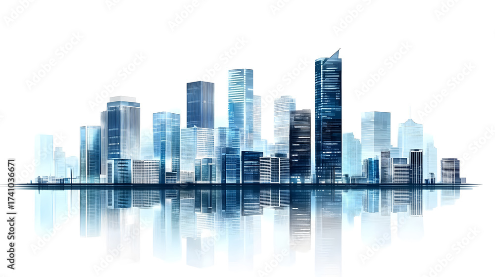 Fototapeta premium A modern cityscape illustration, isolated on a white background, symbolizing success in business, international corporations, and urban financial districts filled with skyscrapers, banks.