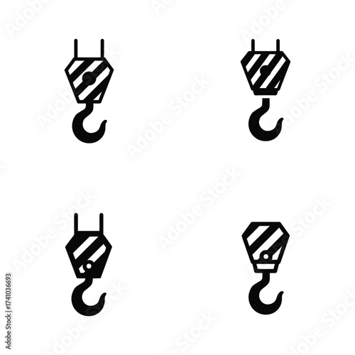 Four black crane hooks displayed in different orientations on white background