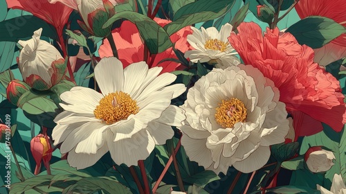 Floral composition featuring peonies in full bloom with artistic rendering style
