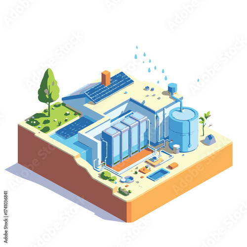 Isometric Vector of Modern Building with Advanced Rainwater Harvesting System