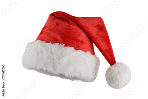 Classic red and white santa claus hat with fluffy trim and pom pom isolated on transparent background