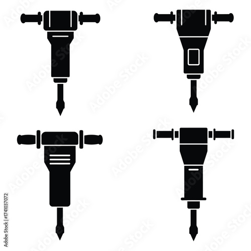 Four black silhouettes depicting various styles of electric demolition hammers