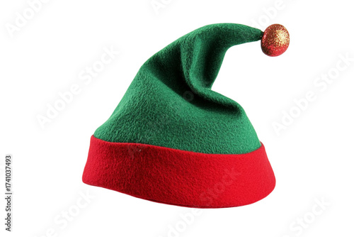 A festive green and red elf hat with a golden bell on the tip isolated on transparent background