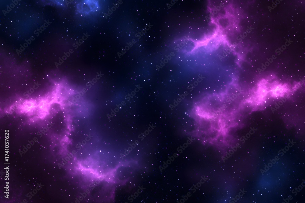 Naklejka premium Cosmic nebula background with glowing pink and purple space stars