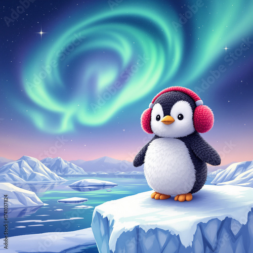 Playful winter character under magical northern lights — joyful and marketable holiday design.