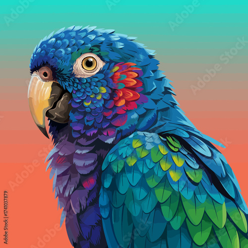 Colorful Parrot Portrait A vibrant and detailed illustration of a parrot with blue feathers and a striking orange background