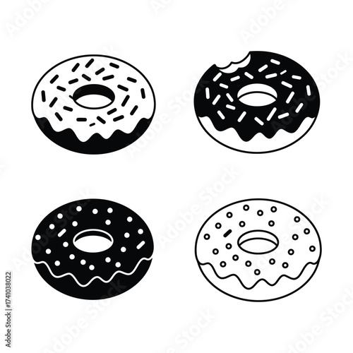 Four black and white donut icons including one with a bite taken out