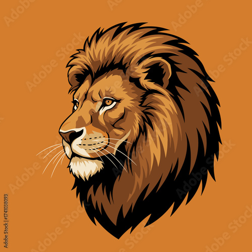 Regal male lion head in side profile, a powerful and fierce illustration suitable for a graphic logo, emblem, or team mascot design