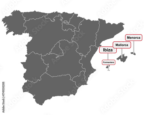 Landkarte mit Ortsschildern der Balearischen Inseln 