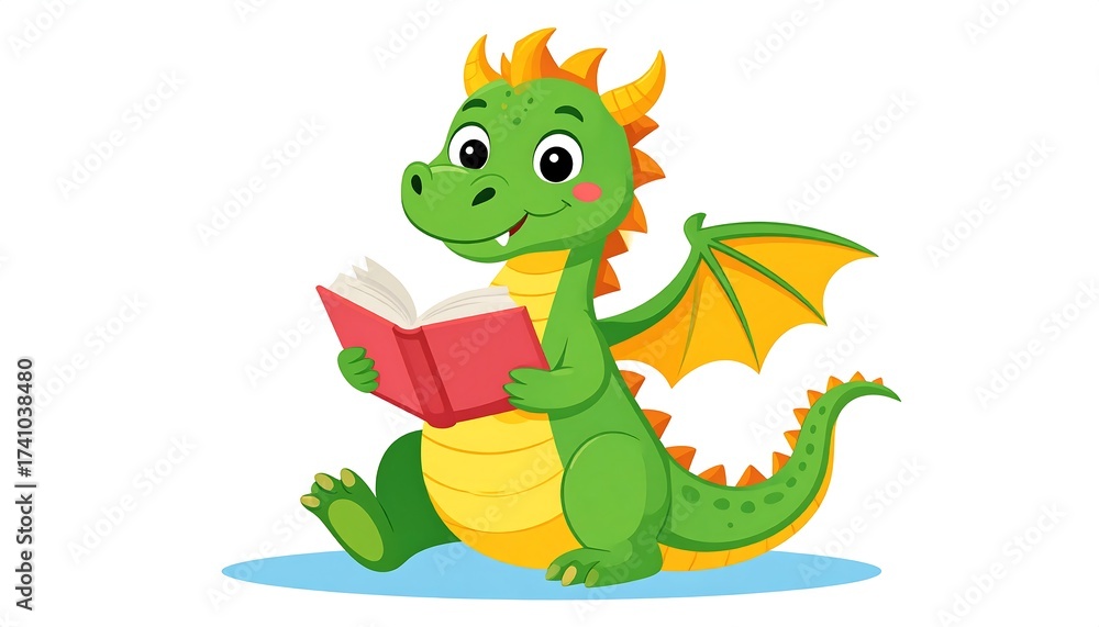 Fototapeta premium Cartoonish green mythical creature reading a red book, isolated on white