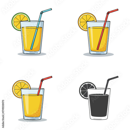 Four colorful glasses of orange juice with straws and fruit slices