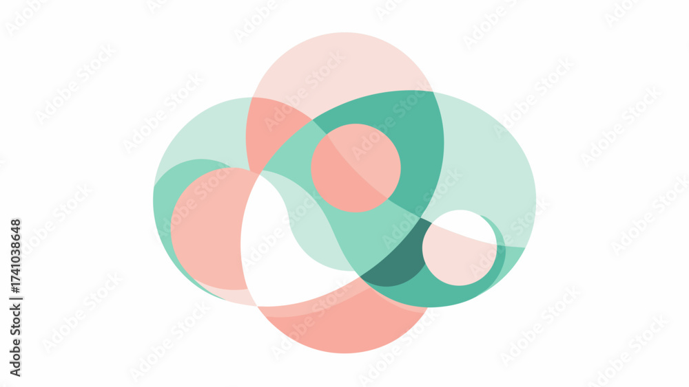 Obraz premium Abstract composition of overlapping translucent circles in soft pink, green and white on white background
