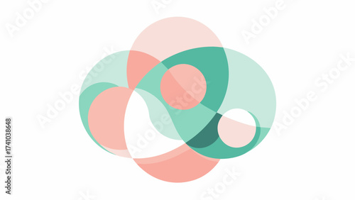 Abstract composition of overlapping translucent circles in soft pink, green and white on white background