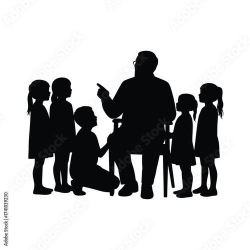 A grandfather telling a story to his grandchildren all in silhouette