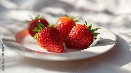 Close - up of Fresh Red Strawberries (Plated on White Dish) - Healthy Food Material