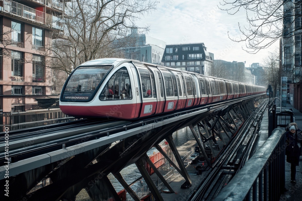 Naklejka premium Modern elevated train navigating through an urban landscape in a city during the day
