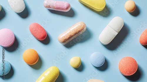 Colorful Medical Pills and Capsules in Flat Lay - Healthcare Material