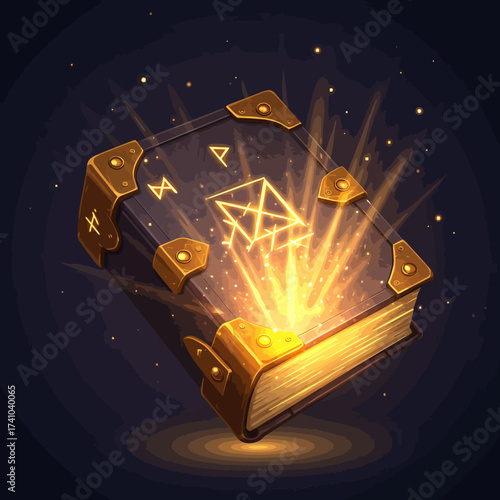 Enchanted ancient spellbook glowing with mystical energy, emanating bright magic from its pages and cover, symbolizing arcane knowledge and powerful secrets in a fantasy realm