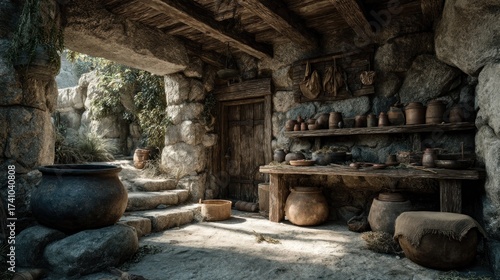 Charming rustic stone cottage interior with pottery and weathered wood details