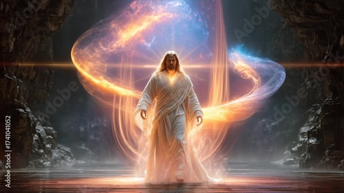 Jesus approaching shining light with lion shadow and faint rainbow colors, mystical holy faith scene
