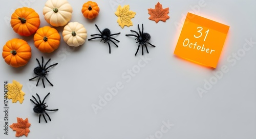 Halloween flat lay with decorative pumpkins, spooky spiders, autumn leaves, and a '31 October' note on a clean background, perfect for seasonal designs