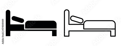 Black single bed icon with pillow, minimal furniture symbol. Editable stroke. Illustration of simple bed silhouette and outline design for hotel, bedroom, sleep, rest, relaxation, and comfort concepts