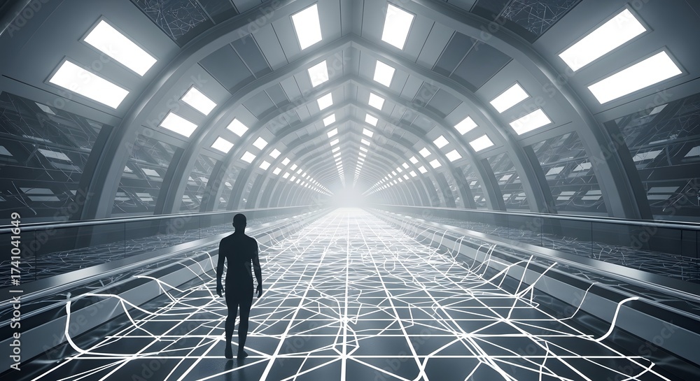 Obraz premium Silhouette walking in futuristic tunnel with grid pattern and bright lights overhead in grayscale tone