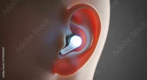 Close up of a human ear with a bright white earbud inserted inside the ear canal for listening