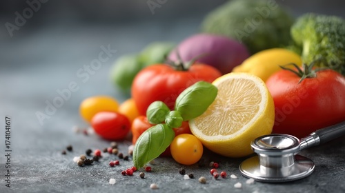 Vibrant vegetables and fruits with stethoscope for health diet control
