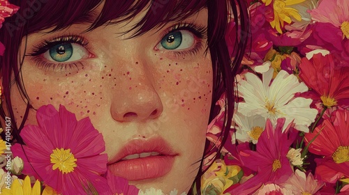 Portrait of a Young Woman Surrounded by Colorful Flowers and Freckled Skin