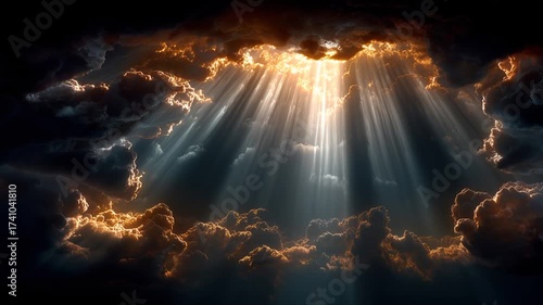 Dark storm clouds opening with sunlight rays breaking through, dramatic sky atmosphere like heavenly light