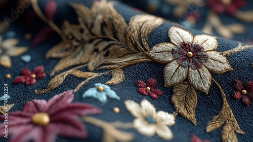 Elegant floral embroidery on textured fabric background, close-up vibrant colors