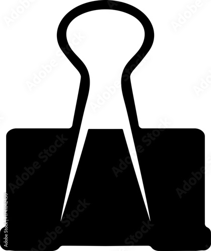 A black binder clip with silver arms and a looped handle on a white/transparent background design element
