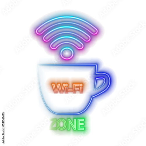 Collection of vectors representing symbols and icons related to wireless Wi-Fi connectivity,neon style. including Wi-Fi signal symbols and an Internet connection, which allow remote Internet access.