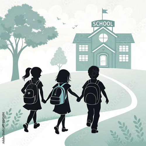 Schoolbound Silhouette: Three young scholars, hand in hand, embark on a journey towards the promise of education, their silhouettes contrasting against the backdrop of a welcoming school building.