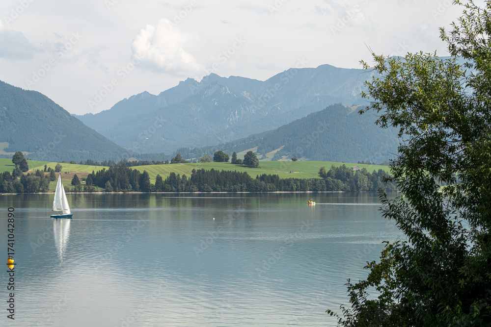 Naklejka premium Sailboat glides across calm lake surrounded by mountains and lush greenery on a serene summer day