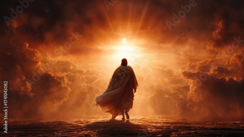 Jesus walking into radiant light surrounded by misty fog, spiritual and serene atmosphere, heavenly scene