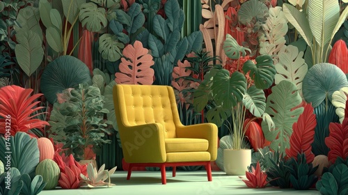 Tranquil Jungle Retreat: A Yellow Armchair Amidst Lush Tropical Paper Plants