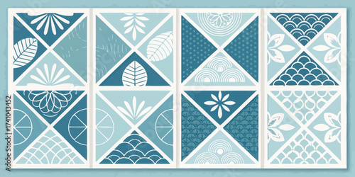 Elegant teal and white geometric pattern with floral and leaf motifs for a modern aesthetic design