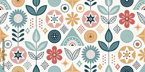 Geometric floral pattern with folk art style elements in pastel colors for textile and surface design