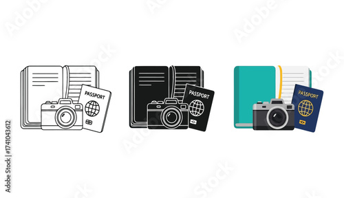 Travel Icons Passport Camera and Notebook vector illustration